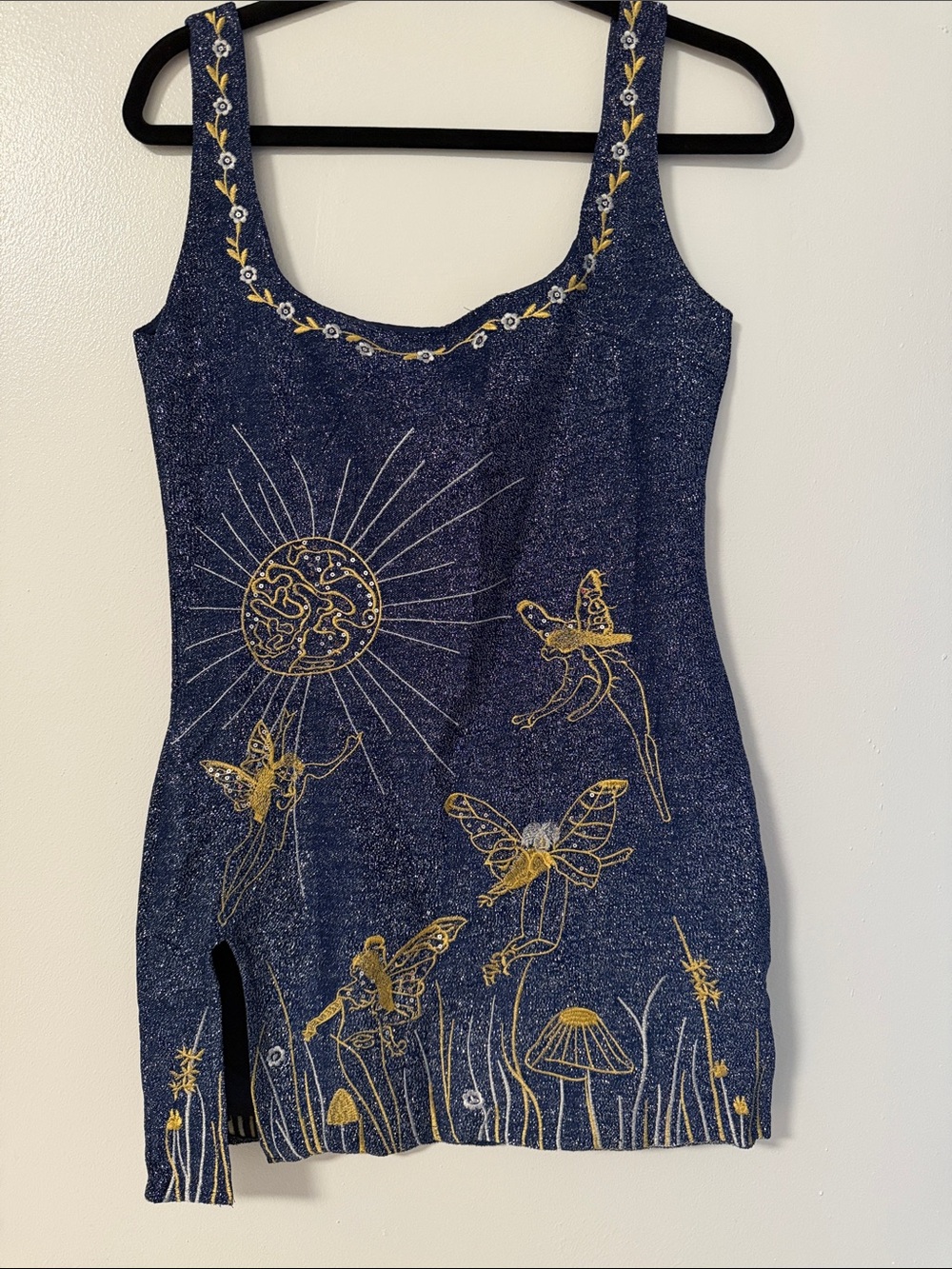 Navy Embroidered Fairy Mini Dress with Gold Motif